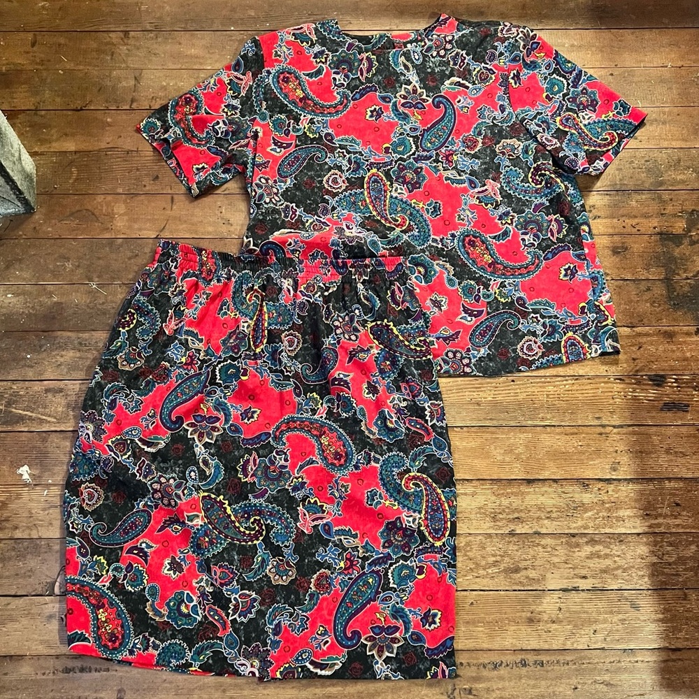 VINTAGE Colorful Skirt, Top, & Over-shirt Set